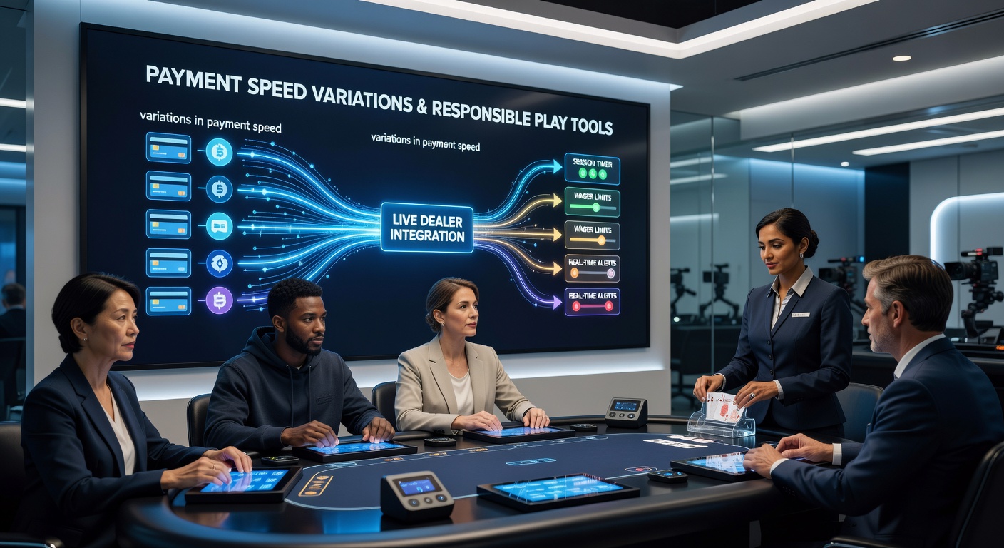 Live dealer table with overlaid graphics showing responsible gaming alerts triggered by payment speed variations