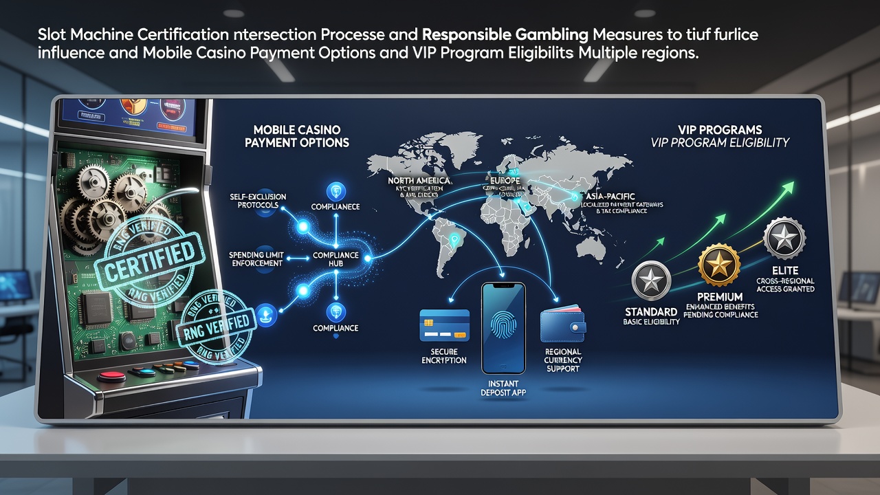 Slot machine certification testing equipment and regulatory documents spread across a professional review station