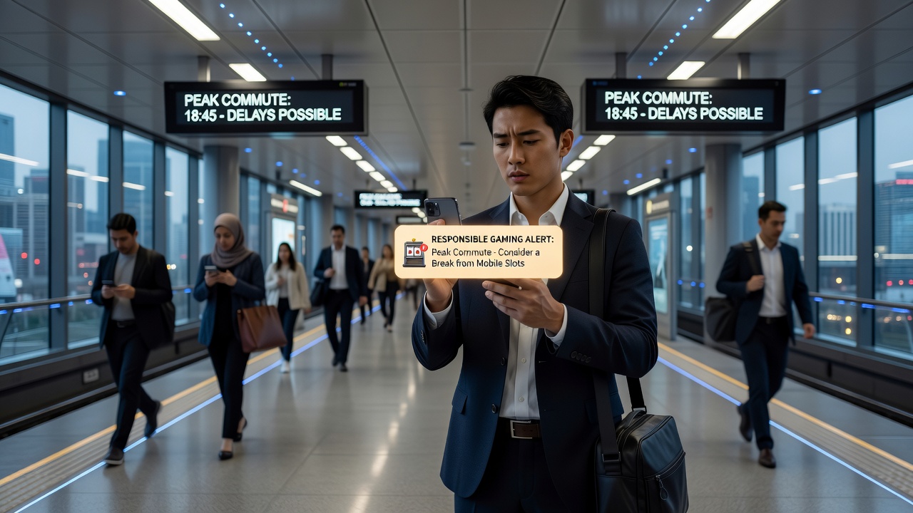 Smart city sensor networks integrated with public transit apps showing real-time responsible gaming prompts on mobile devices during commute hours