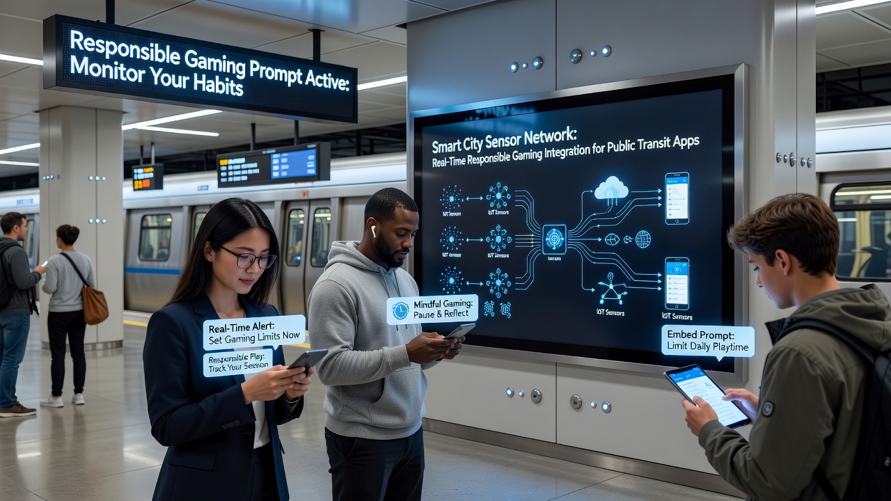 Mobile slot user receiving responsible gaming prompt via public transit app during peak commute hours in a smart city environment
